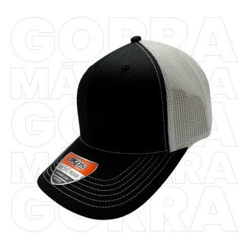 GORRA MESH 50ALG/50POL MALLA PREMIUM 6 GAJOS AJUSTE PLASTIC NEGRO-BLANCO #545-DKPS